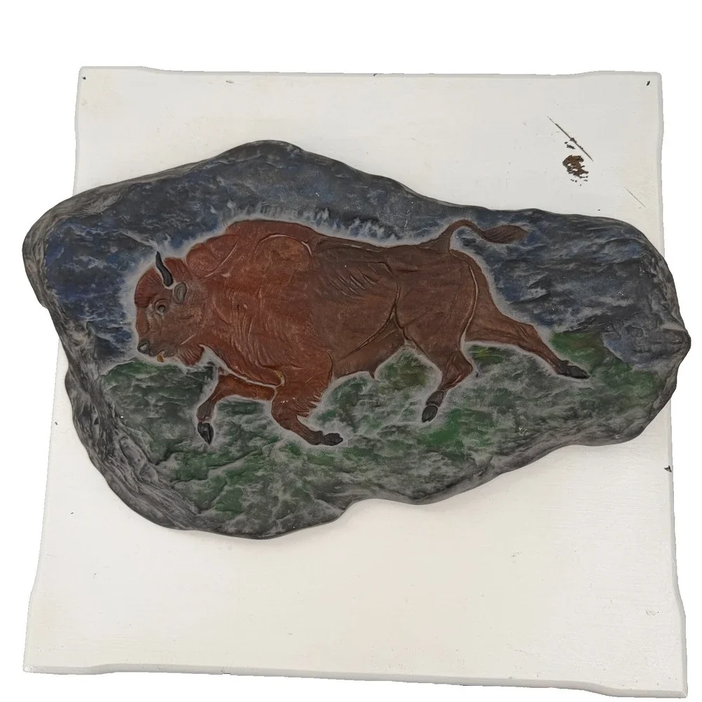VTG Painted Buffalo Bison Relief Wall Plaque 9x5 Hand Painted Plaster Art Decor